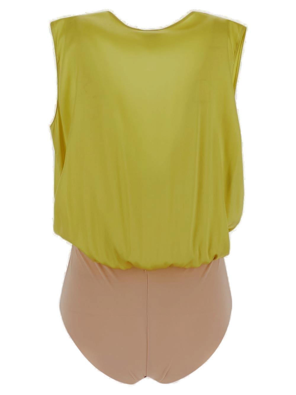 Shop Pinko Ines V-neck Sleeveless Satin Bodysuit In Yellow