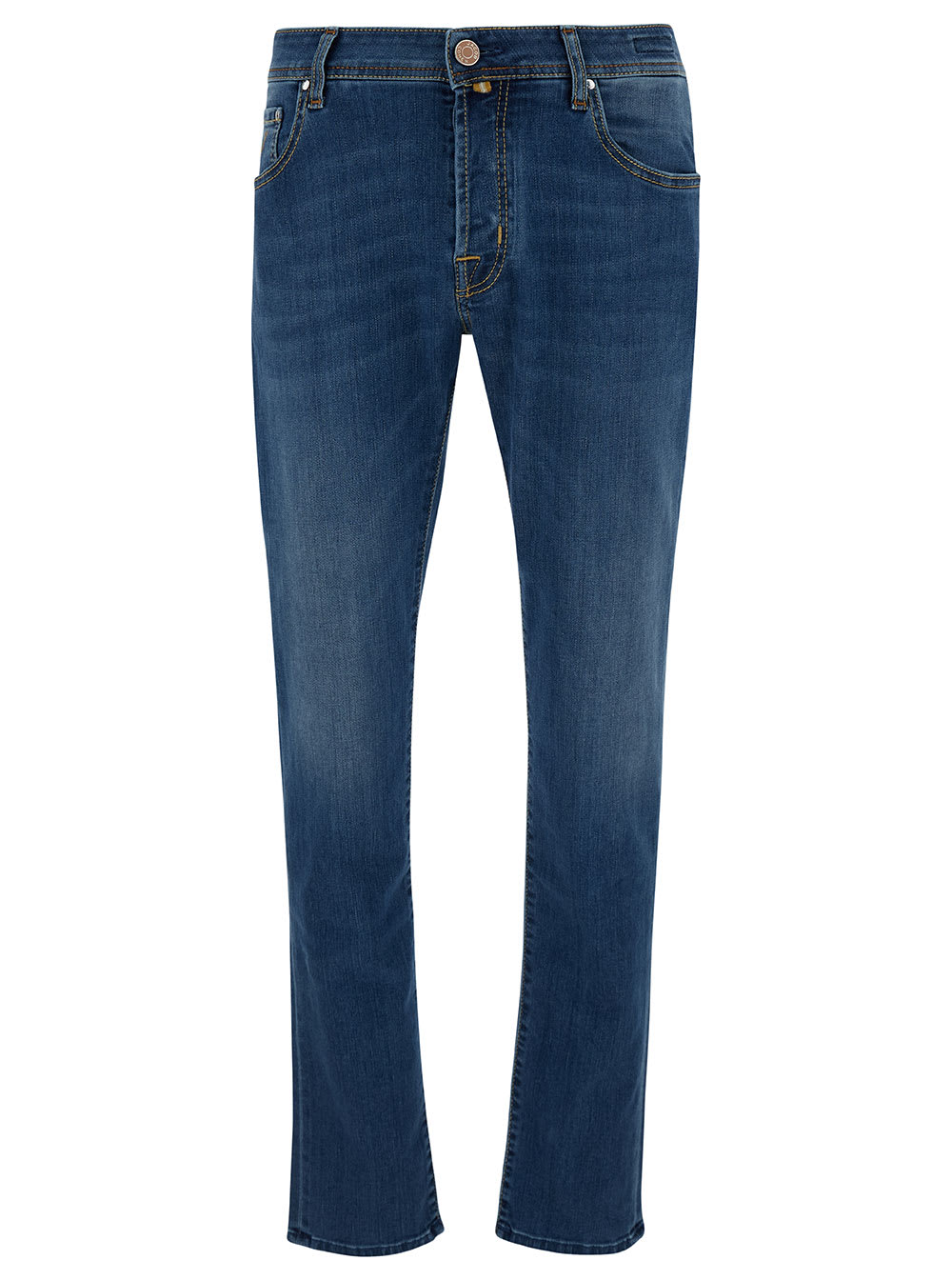 Blue Slim Low Waisted Jeans With Patch In Cotton Denim Man Jeans