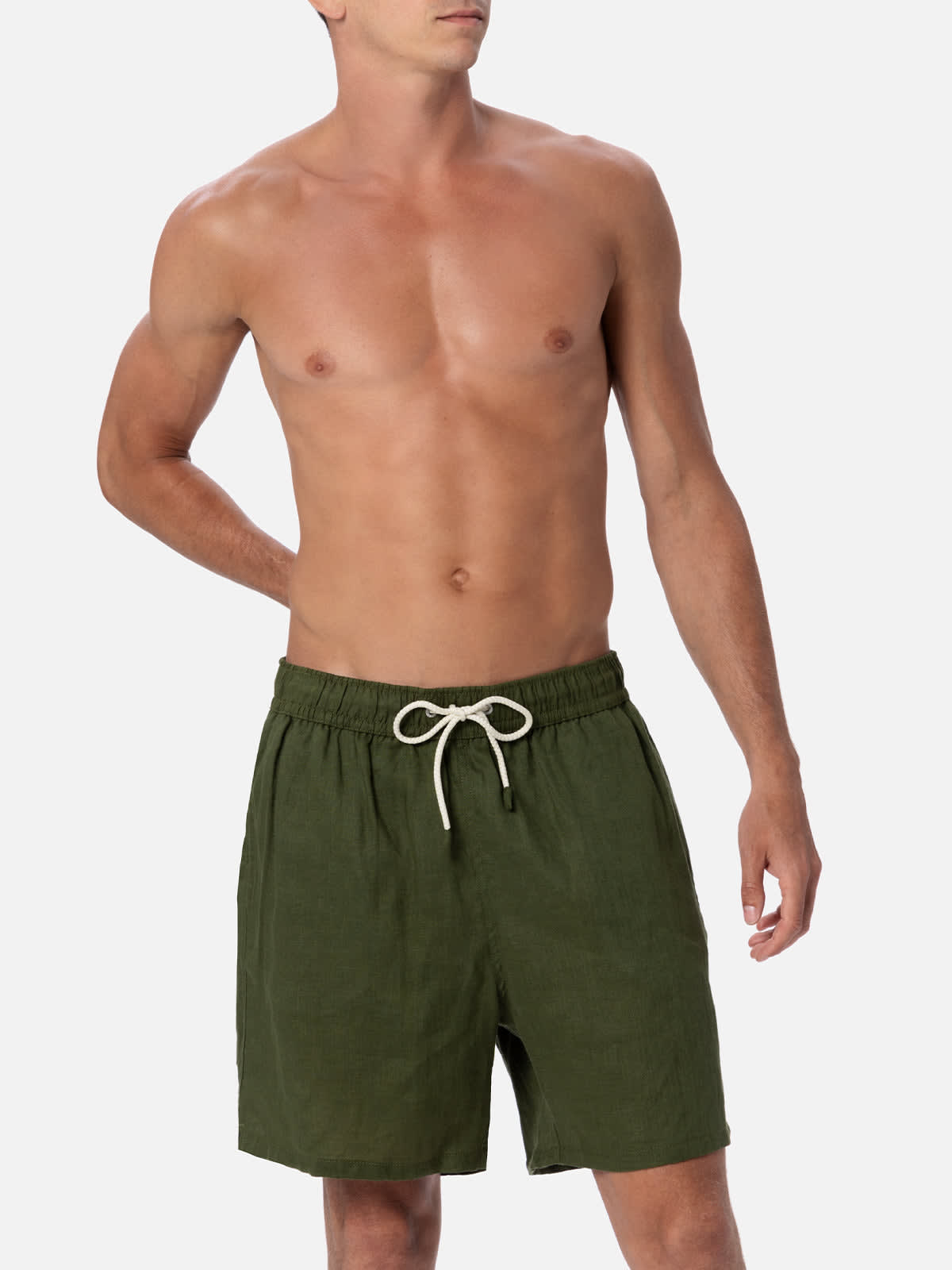 Mc2 Saint Barth Man Mid-length Military Green Linen Swim-shorts Gustavia In Green