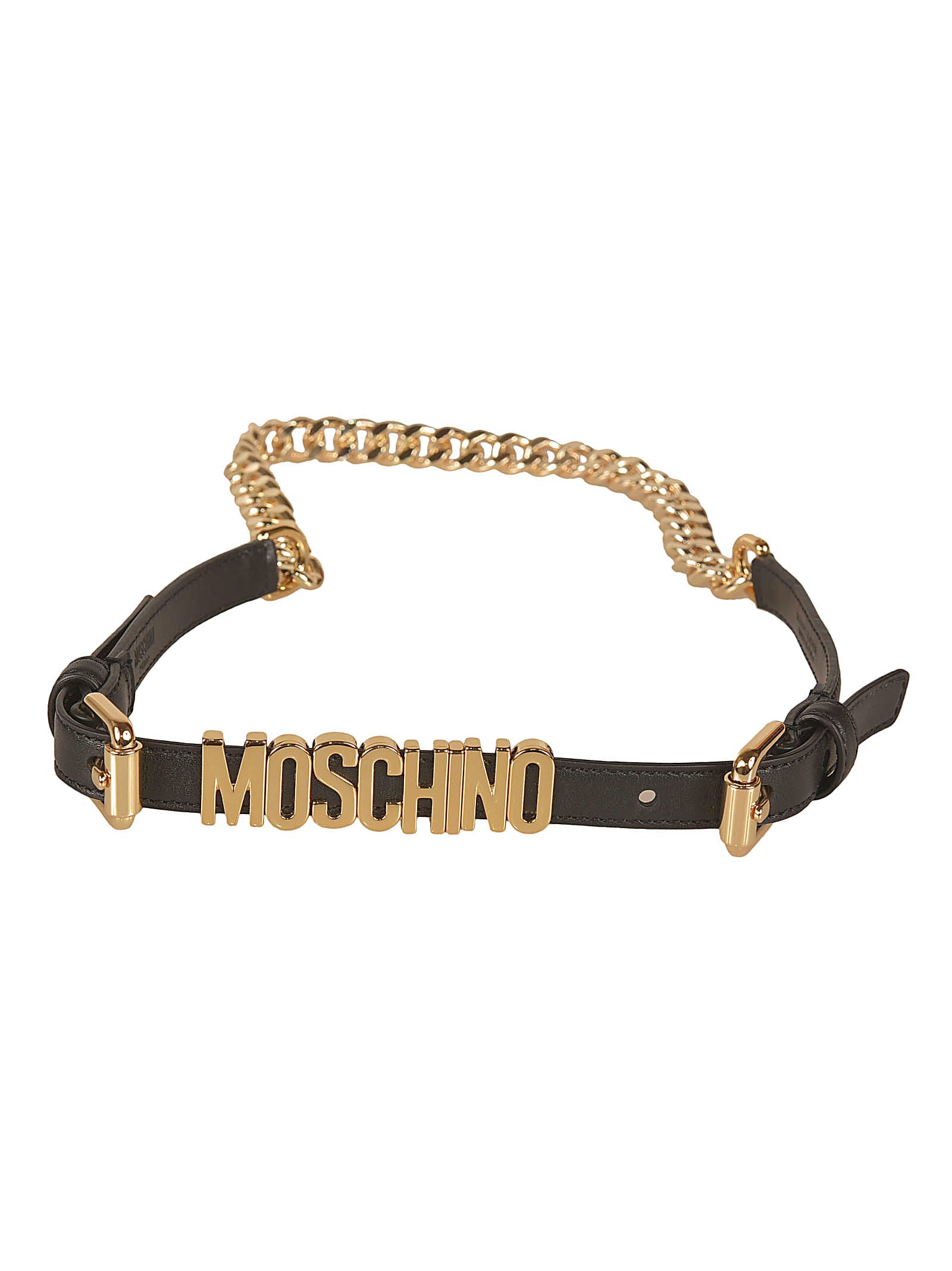Moschino Logo Plaque Leather & Chain Belt