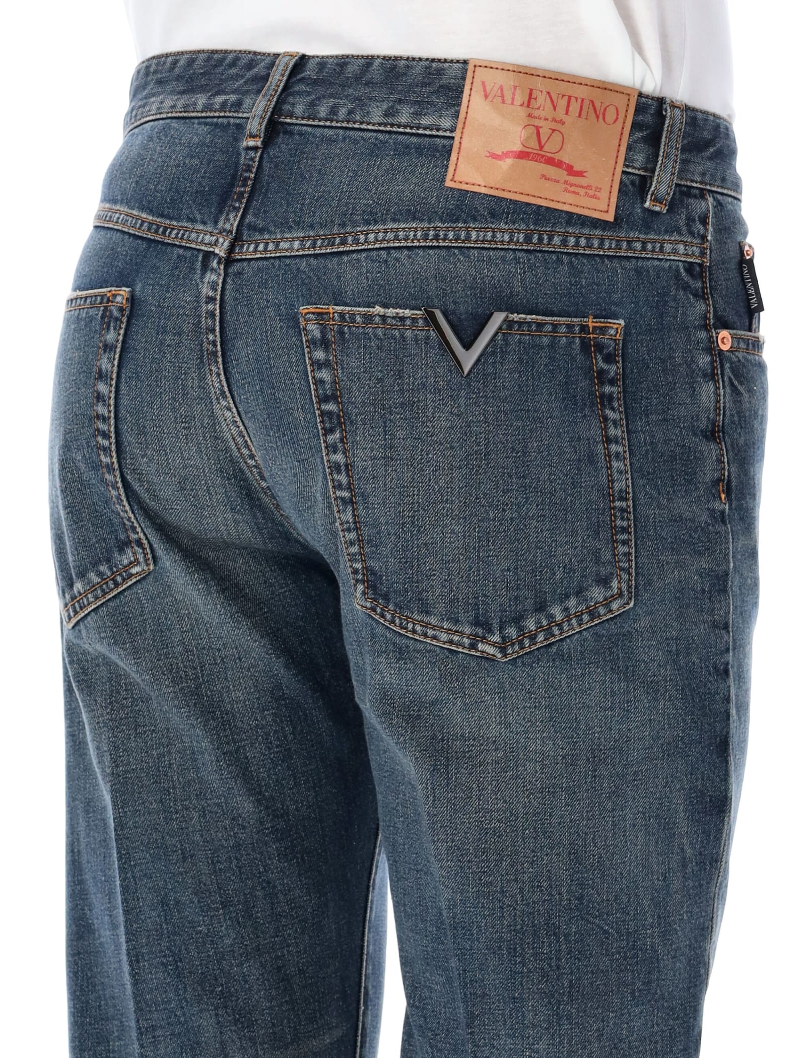 Shop Valentino Slim Denim Jeans In Dark Blue Wash