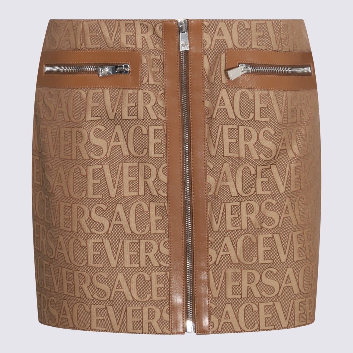 Shop Versace Beige Cotton And Brown Leather Skirt In Brown Beige