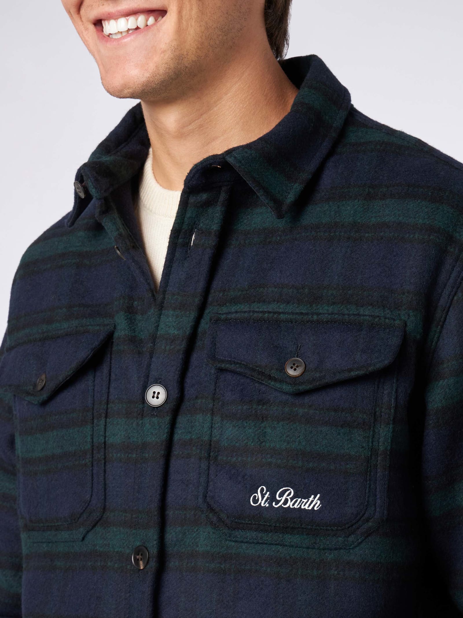 Mc2 Saint Barth Man Wooly Tartan Overshirt With Pockets And Patches In Blue