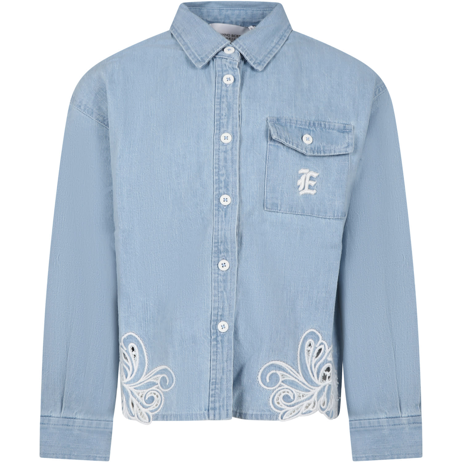 Shop Ermanno Scervino Junior Blue Shirt For Girl With Embroidery And Logo In Denim
