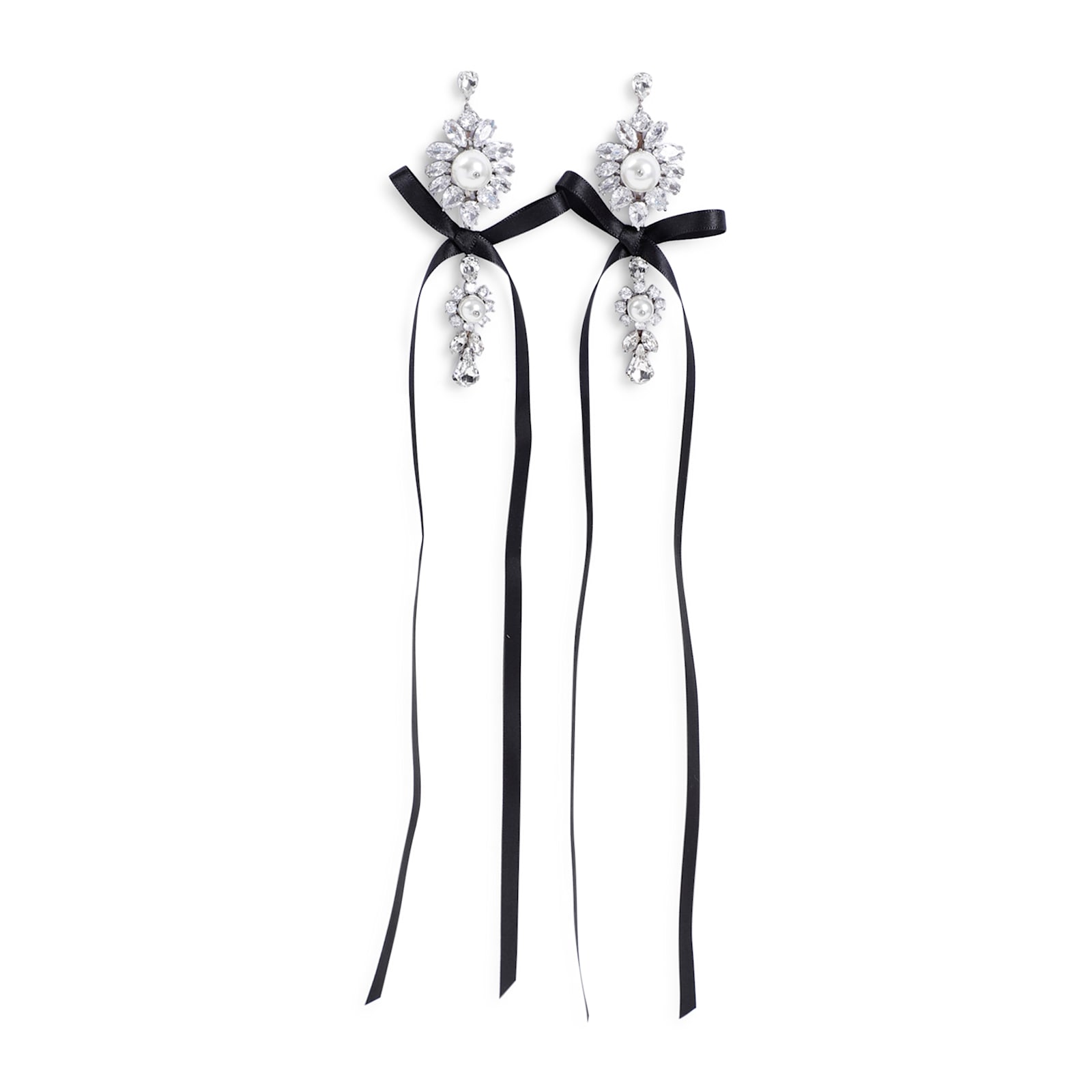 Shop Simone Rocha Long Crystal Crest Bow Earrings In Silver/black