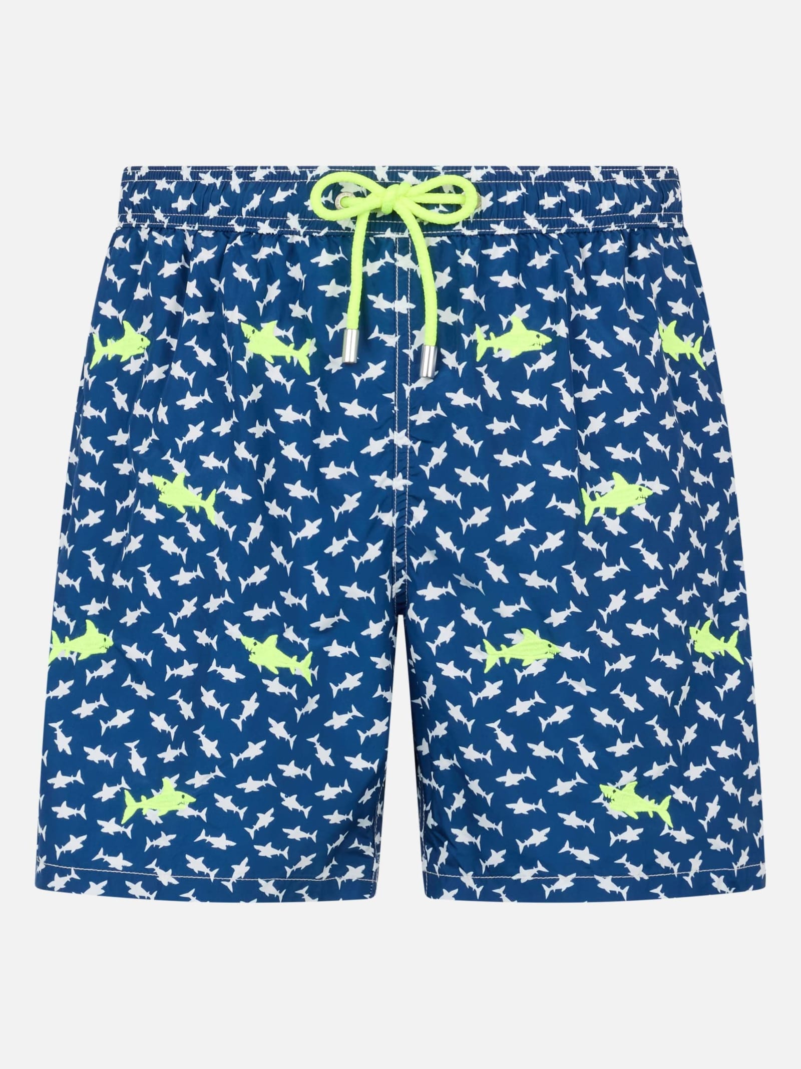 Mc2 Saint Barth Man Lightweight Fabric Swim-shorts Lighting With Sharks Embroidery In Blue