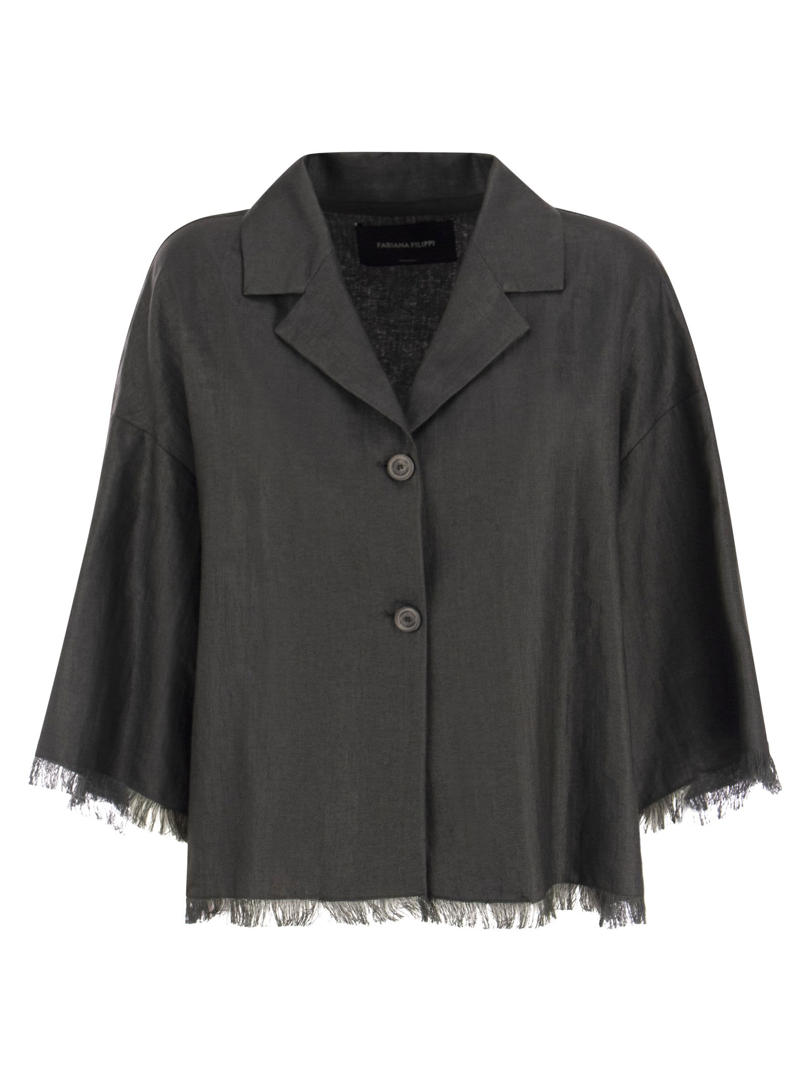 Fabiana Filippi Linen Jacket With Fringes In Dark Grey