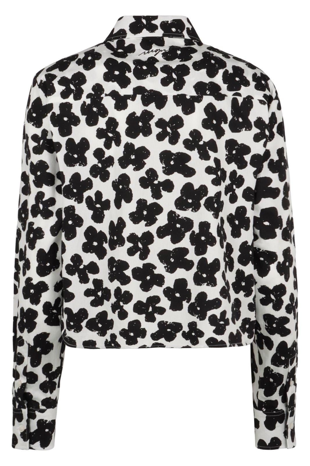 Msgm White Cotton Shirt With Black Floral Print In Black