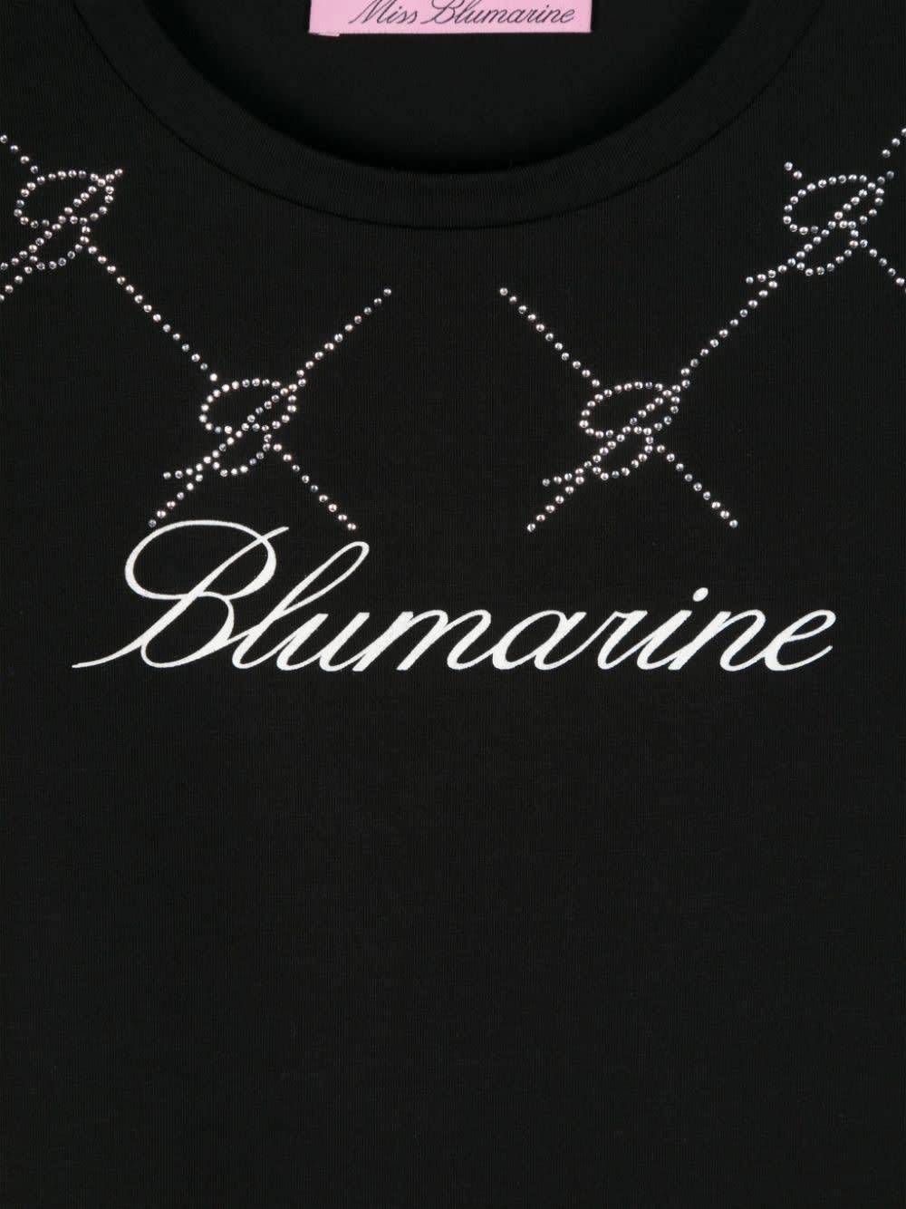 Shop Miss Blumarine Black T-shirt With Rhinestone Logo And Monogram Motif