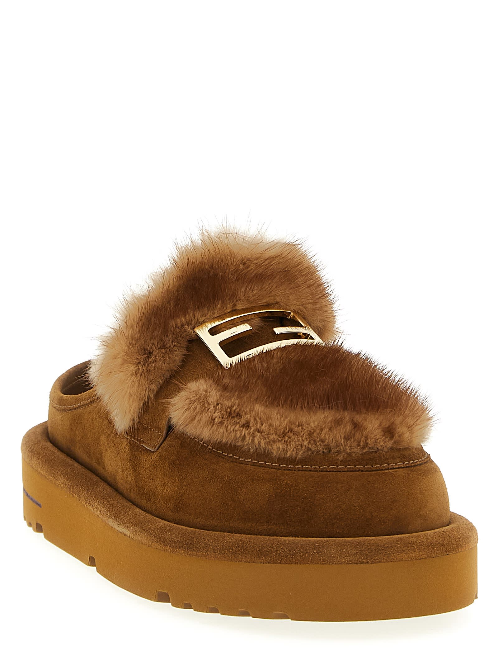 Fendi Apres Chic Brown Suede And Mink Sabots In Brown