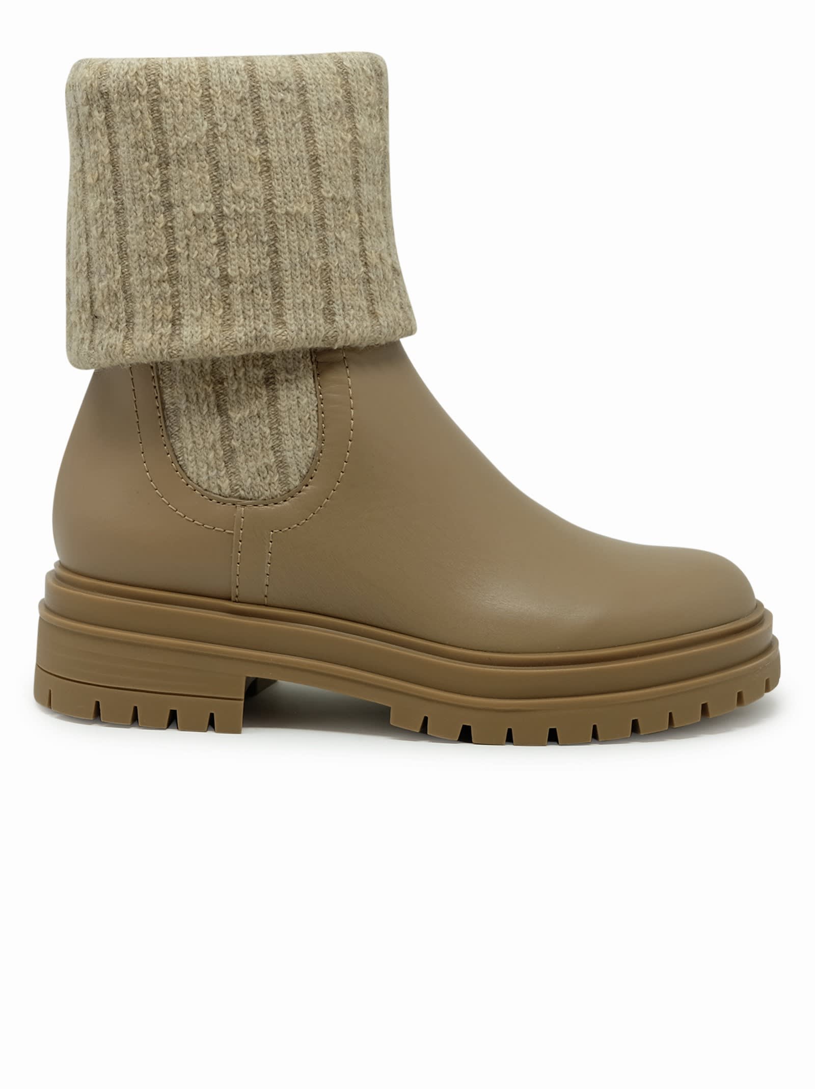 Camel Calf And Knit Leather Boots