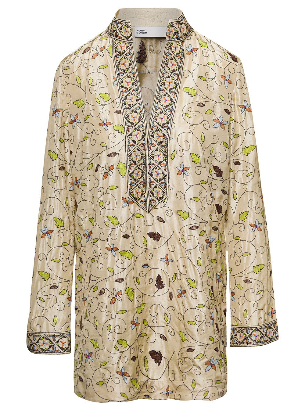 TORY BURCH MULTICOLOR EMBROIDERED LEAF-PRINT TUNIC IN SILK WOMAN