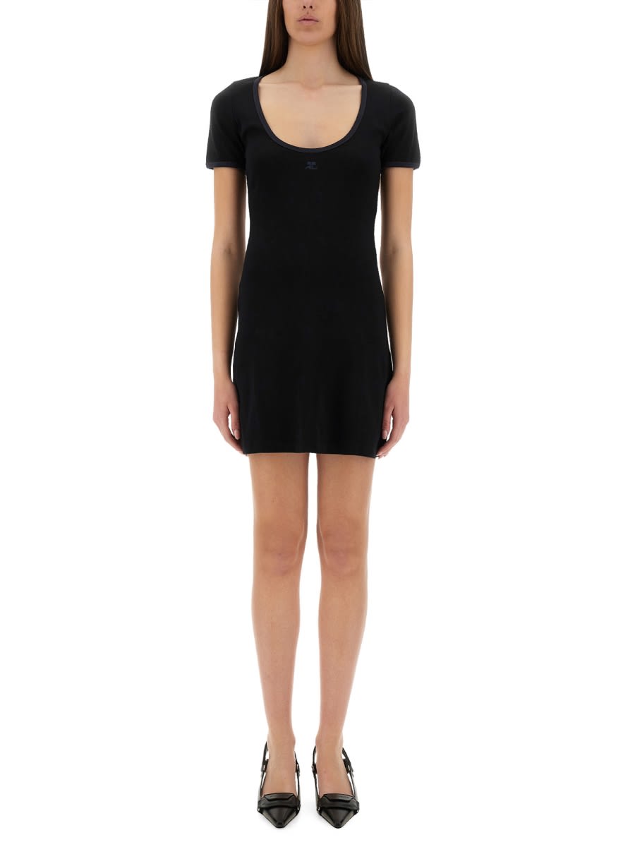 Courrèges Cotton Short Sleeves Mini Dress In Black