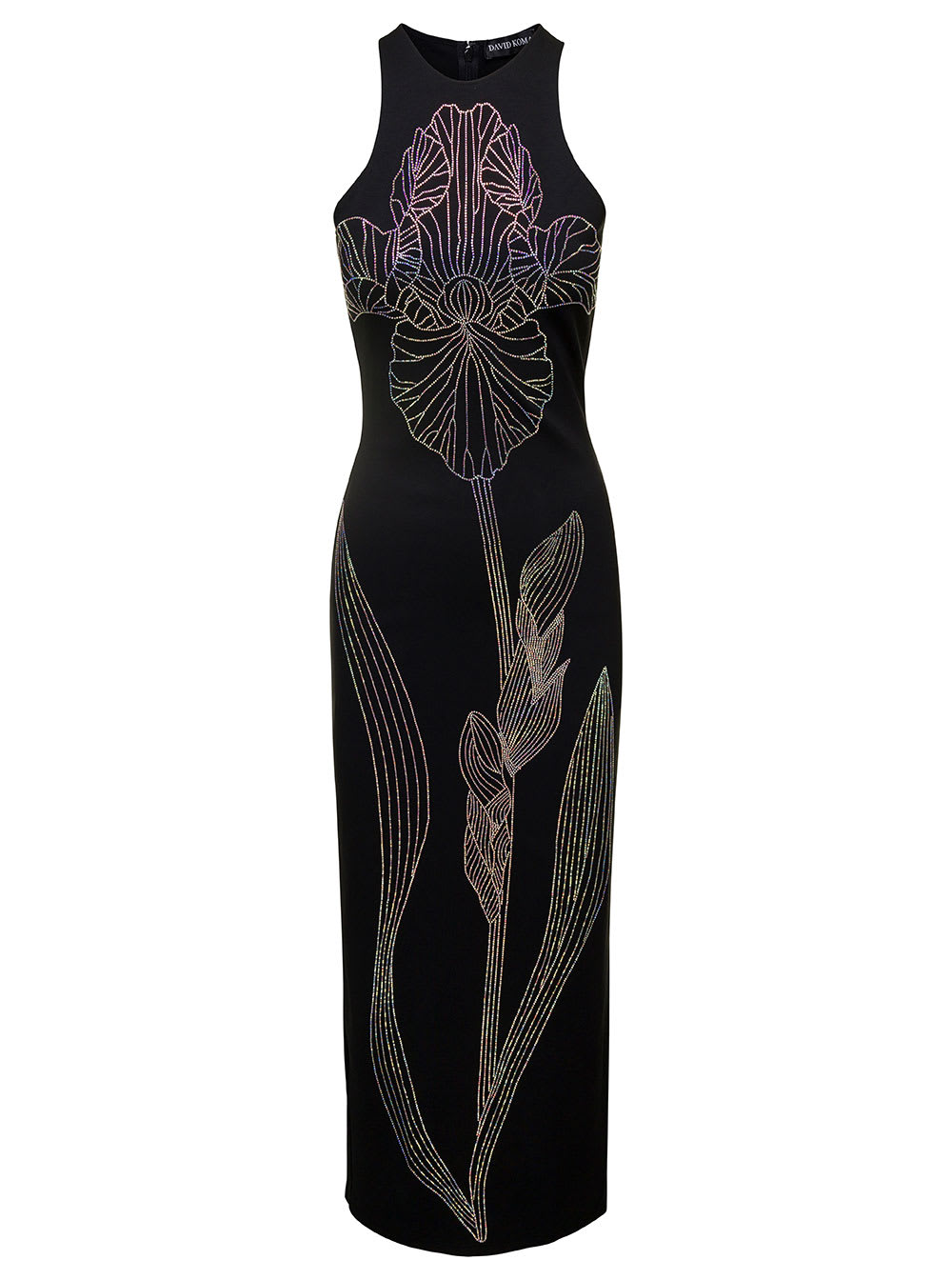 David Koma Black Long Dress With Iridiscent Flower And Back Slit In Viscose Blend Woman