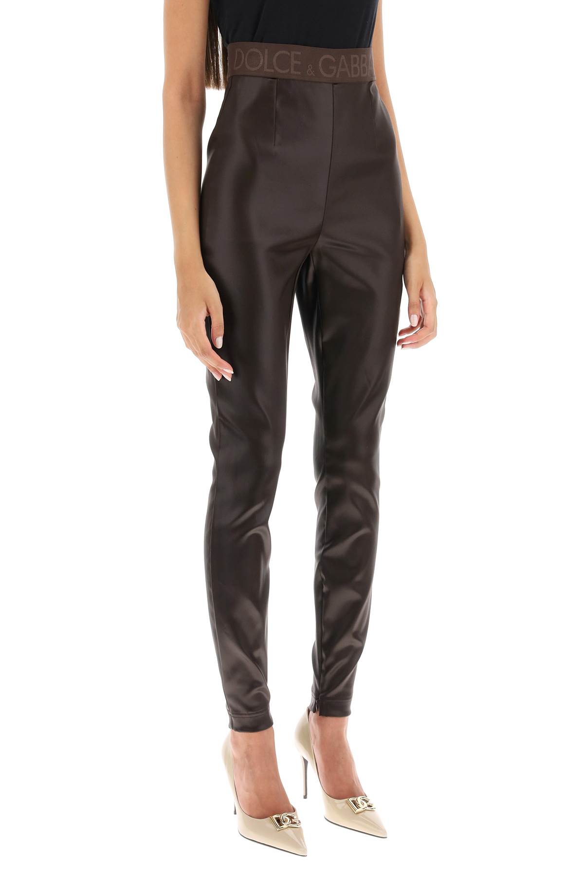 Dolce & Gabbana Coated Look Stretch Satin Leggings In Brown