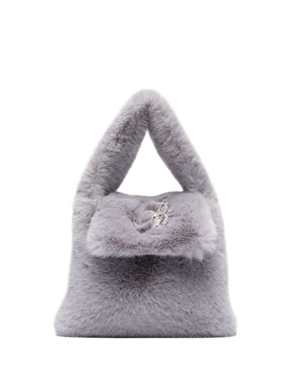 Grey Faux Fur Mini Bag With Flap And Logo