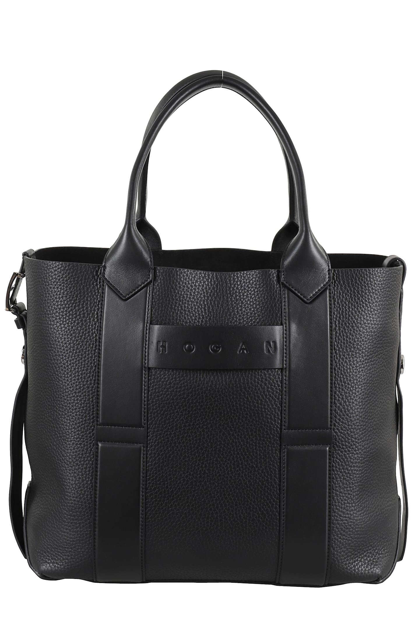 Hogan Medium Script Shopping Bag With Textured Leather Finish In Black