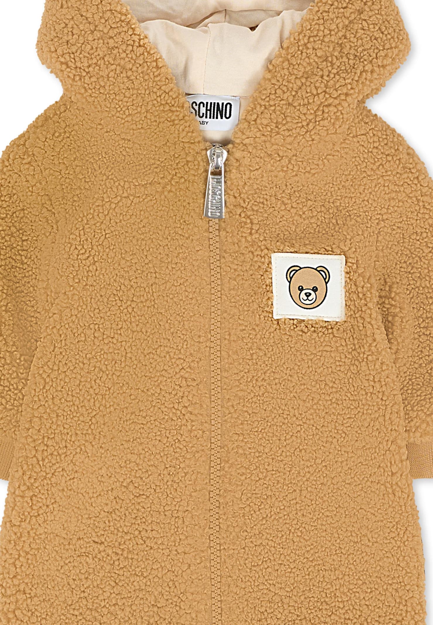Moschino Brown Faux Fur Coat For Babykids With Teddy Bear In Brown