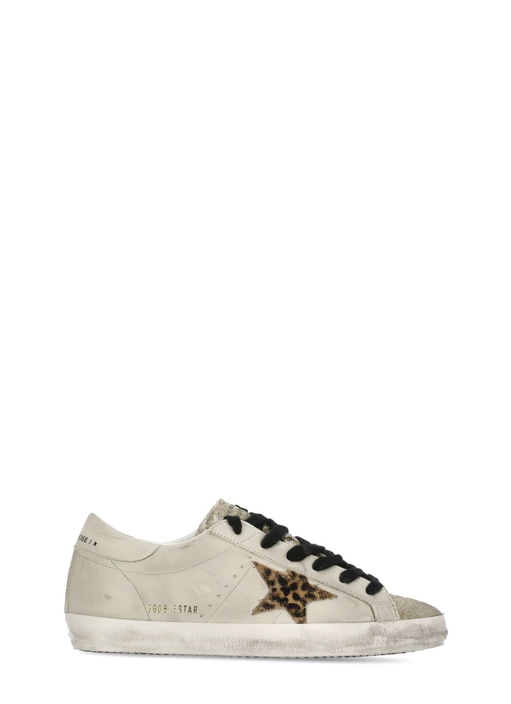 Golden Goose Women Super Star Leather Upper Glitter Toe And Tongue Leather Heel Leopard Horsy Star In White