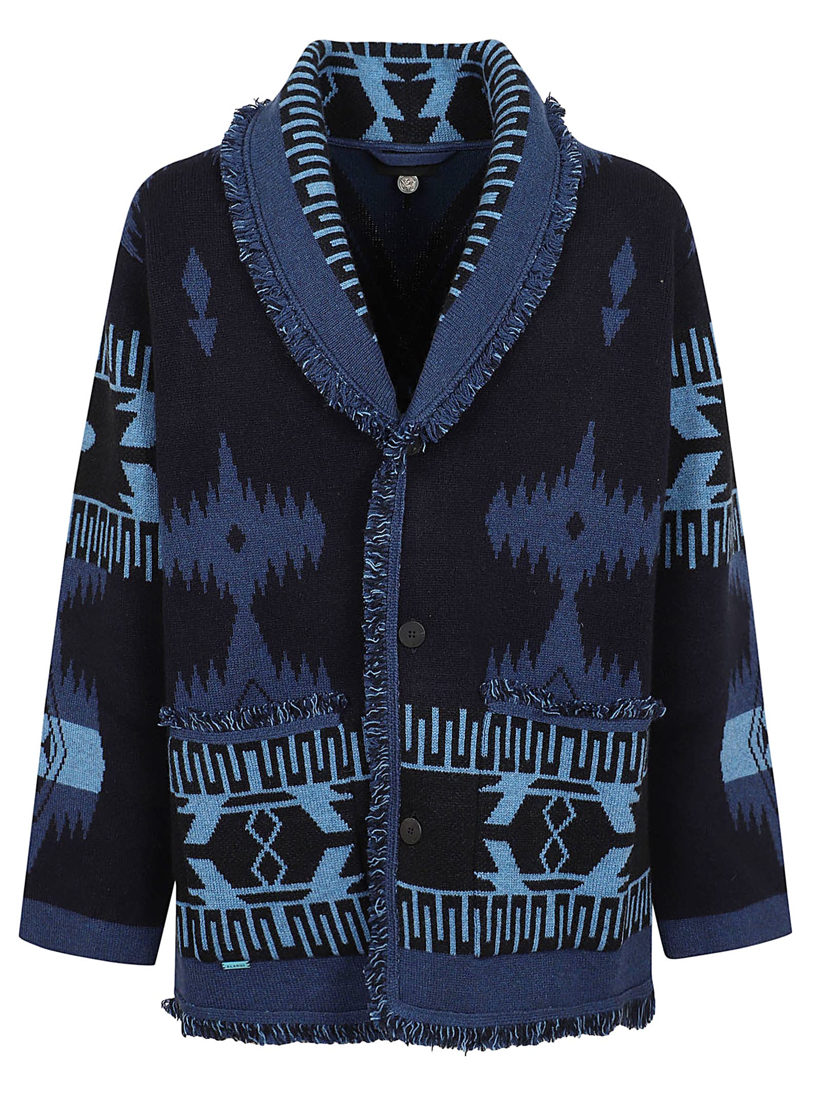 Shop Alanui Icon Jacquard Cardigan In Midnight Blue Eve