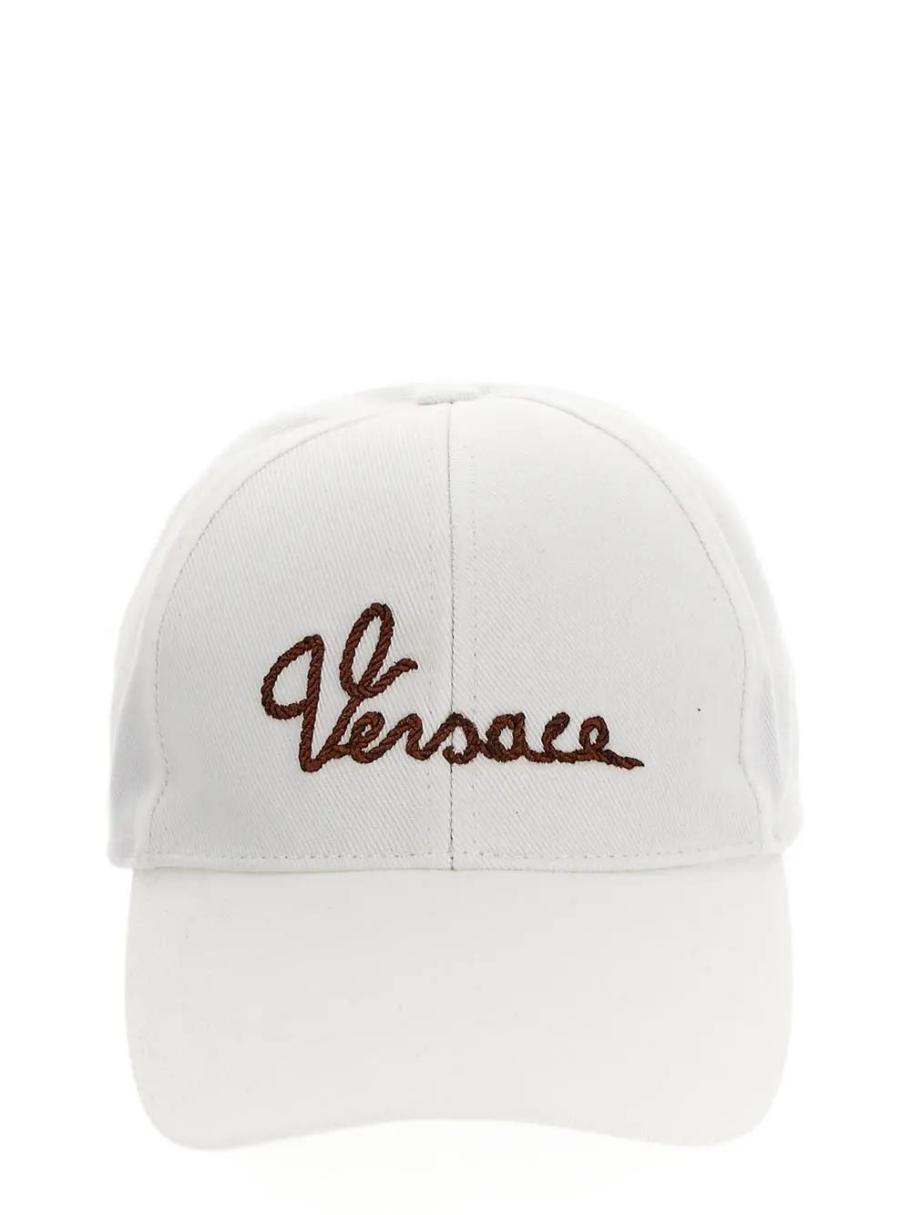 Shop Versace Logo Embroidered Baseball Cap In White+tobacco