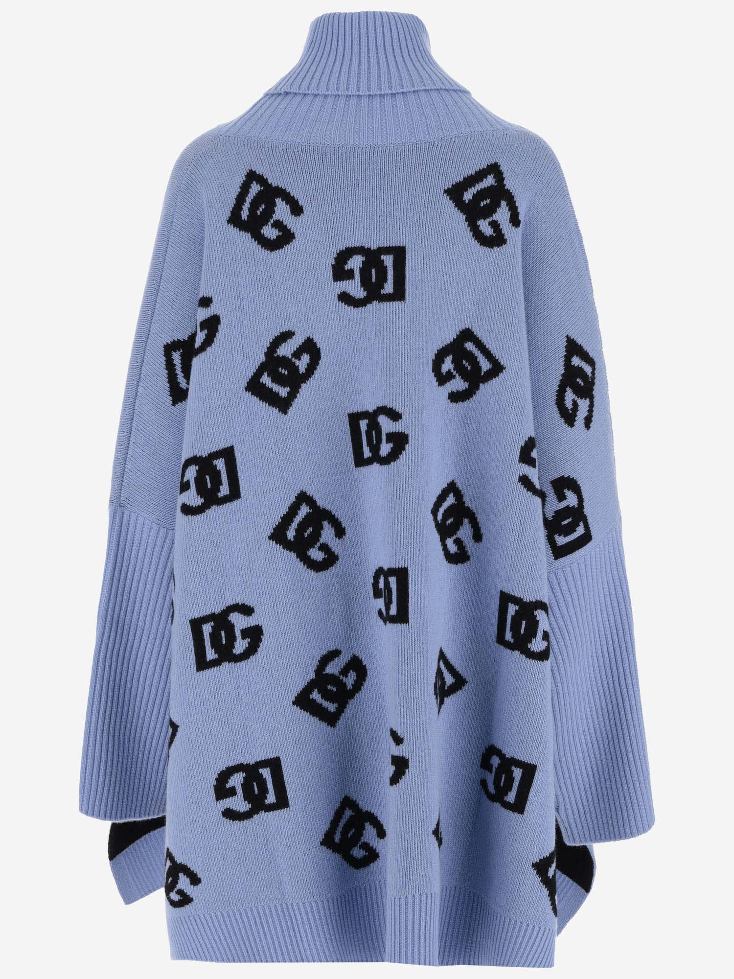 Shop Dolce & Gabbana Wool Poncho With Logo In Light Blue