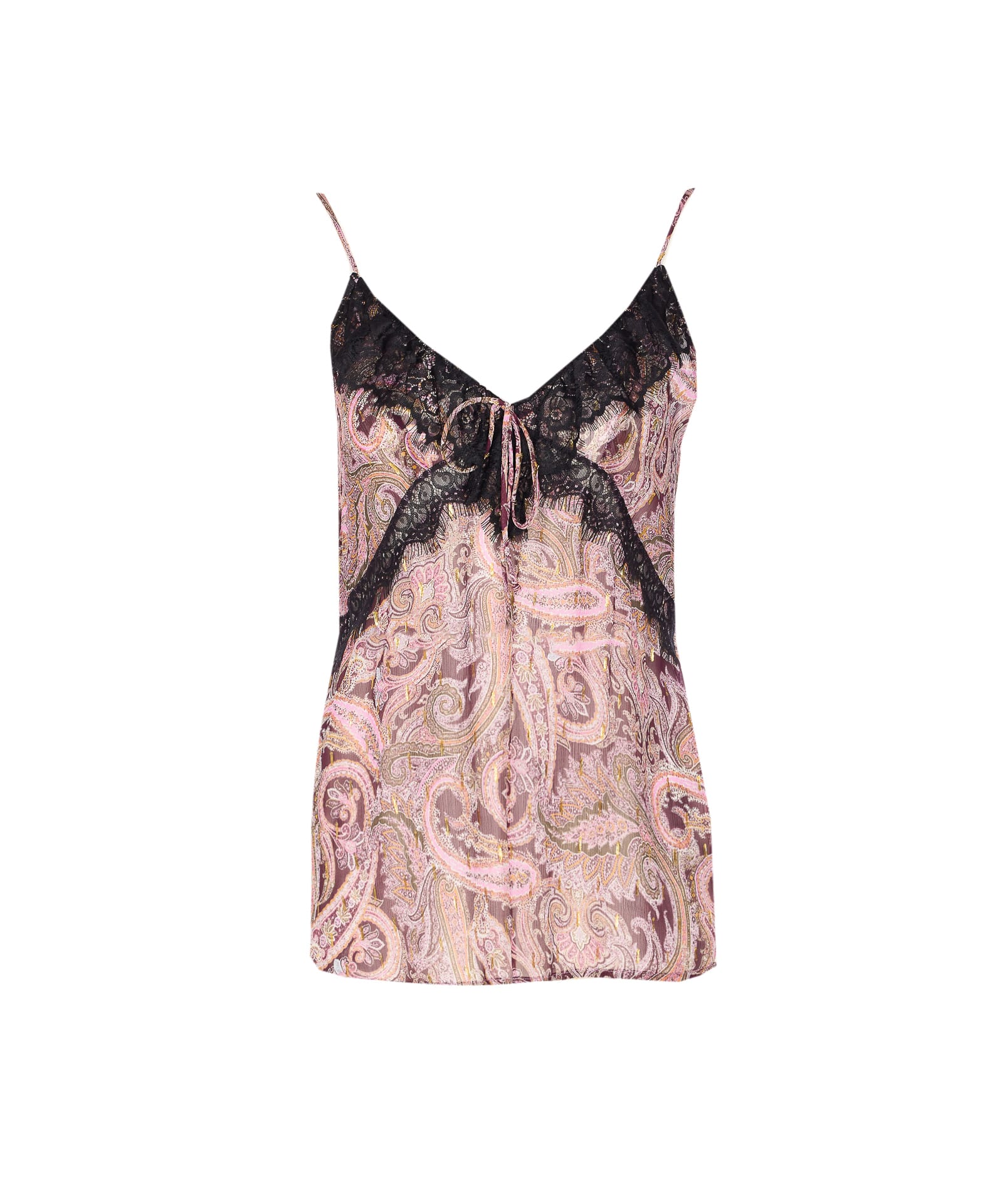 Pinko Lace And Metalized Detail V Neck Top In Pink