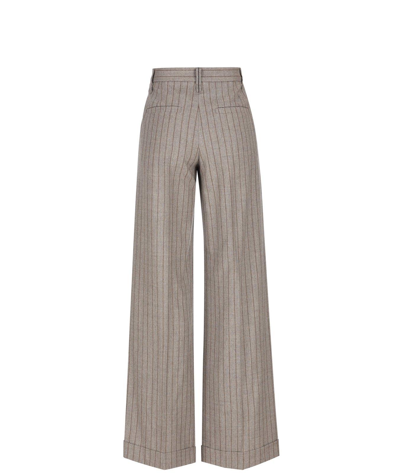 Shop Brunello Cucinelli Embellished Striped Loose Flared Trousers In Taupetabacco