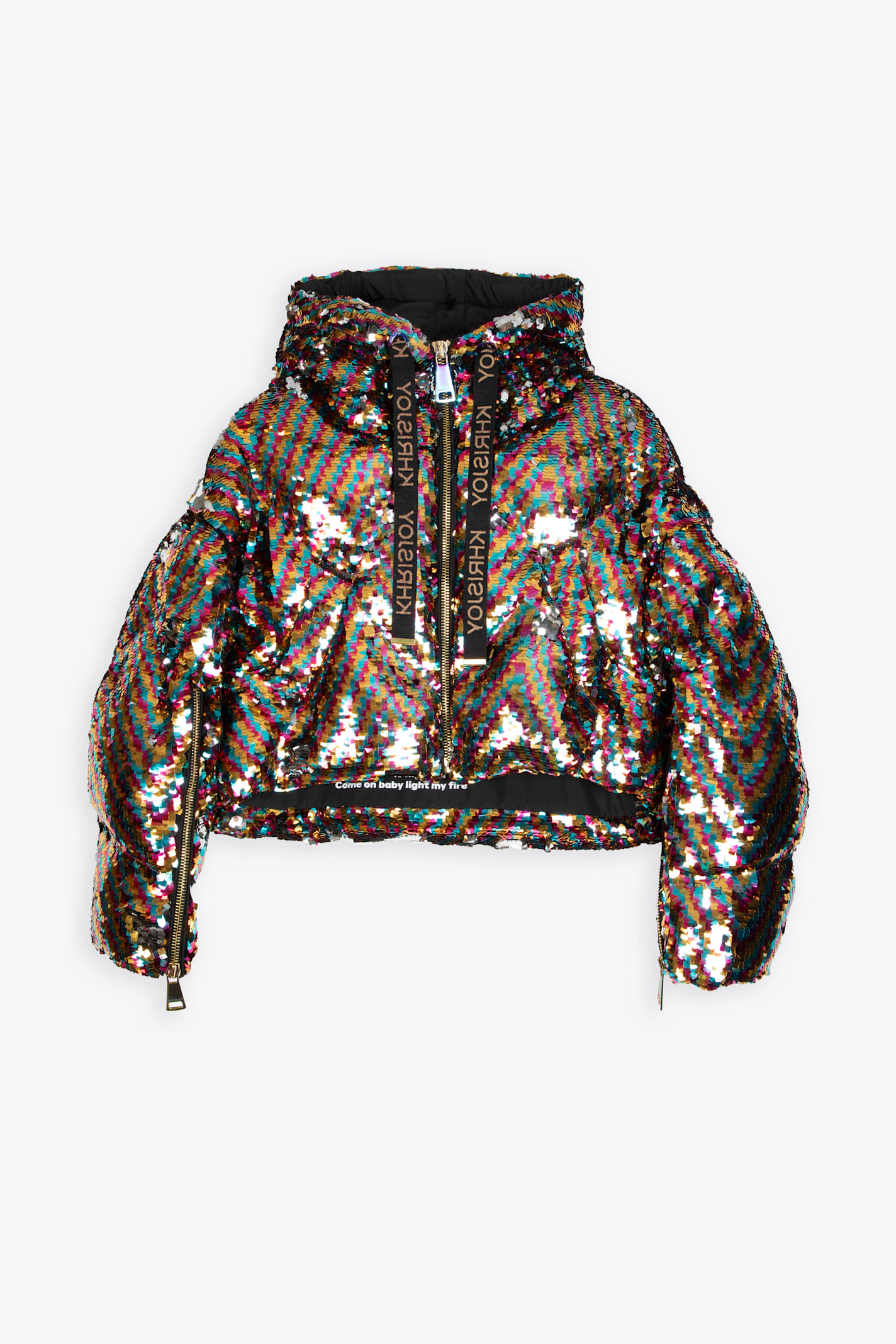 Khris Crop Sparkly Multicolour sparkly sequins hooded puffer jacket - Khris Crop Sparkly Rainbow