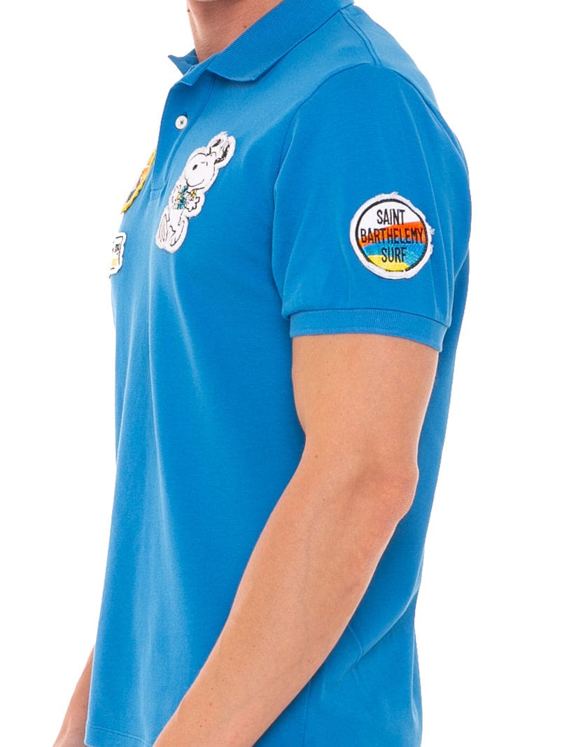 Shop Mc2 Saint Barth Man Stretch Piquet Polo With Snoopy Patch Snoopy - Peanuts Special Edition In Blue