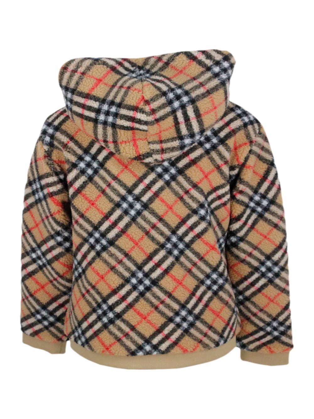 Shop Burberry Long-sleeved Fleece Zip-up Hoodie With Check Pattern And Ribbed Fabric Cuffs In Beige