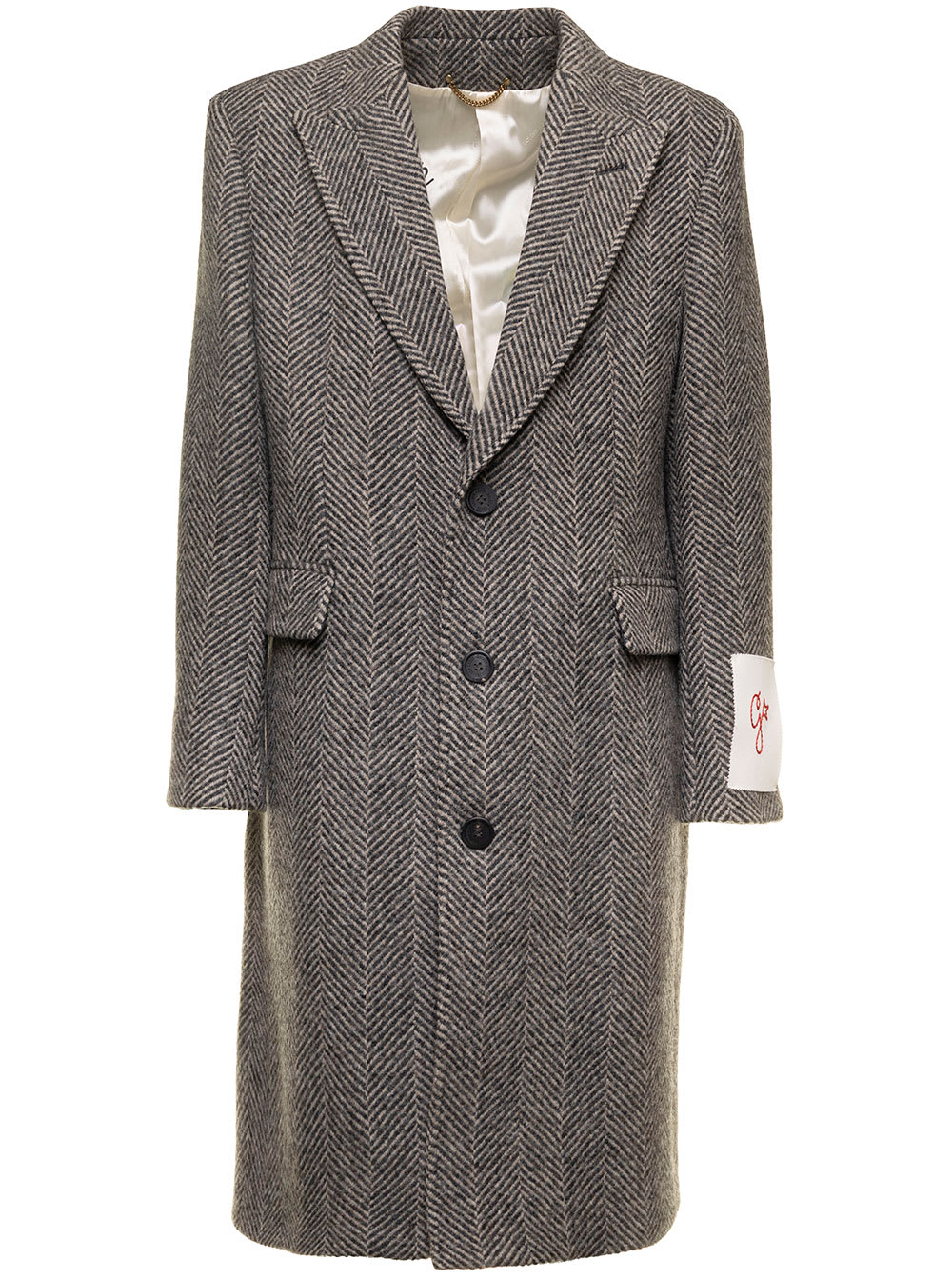 Golden Goose Grey Single-breasted Coat With Logo Patch In Wool Woman