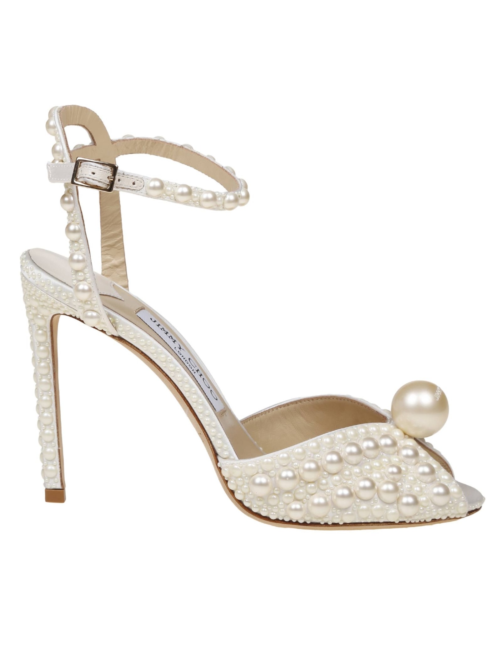 Shop Jimmy Choo Sacoro Sandal In Satin With Applied Pearls In White/white