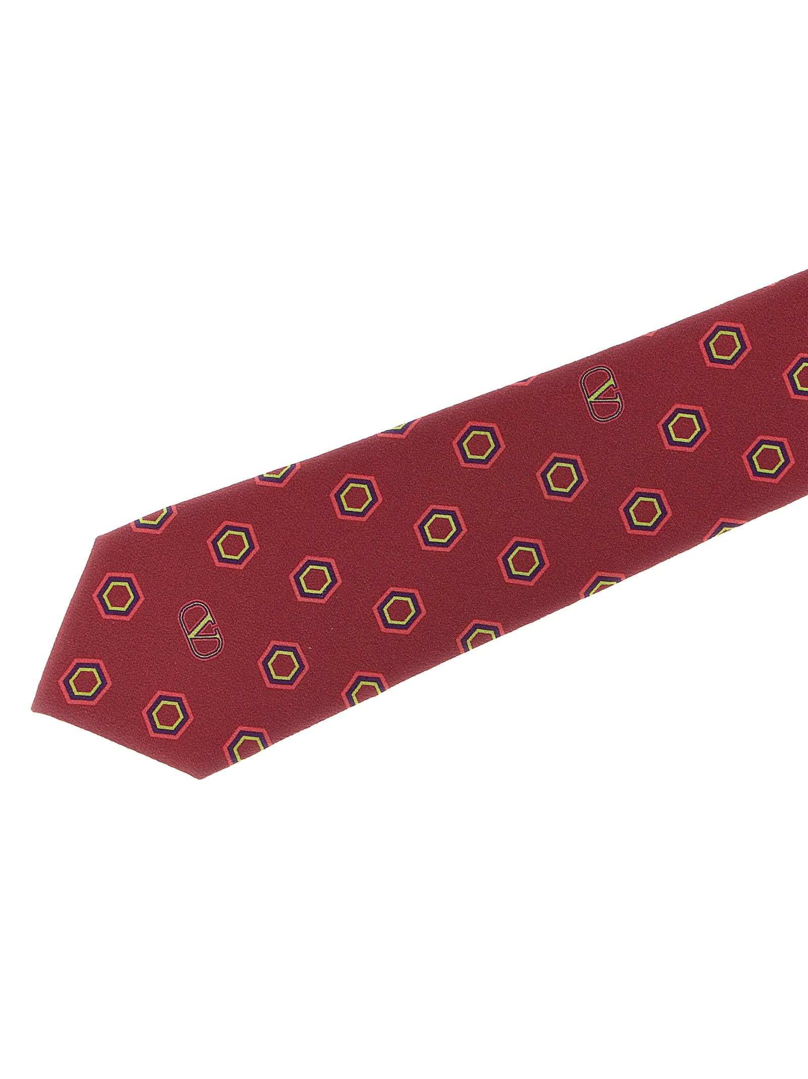 Valentino Silk Tie With Hexagonal Pattern Slim Design In Red