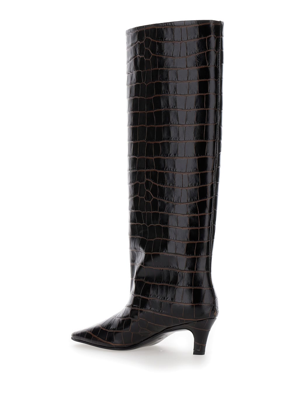 Shop Totême The Wide Shaft Brown Pull-on Boots With Low Heel In Crocodile-embossed Leather Woman