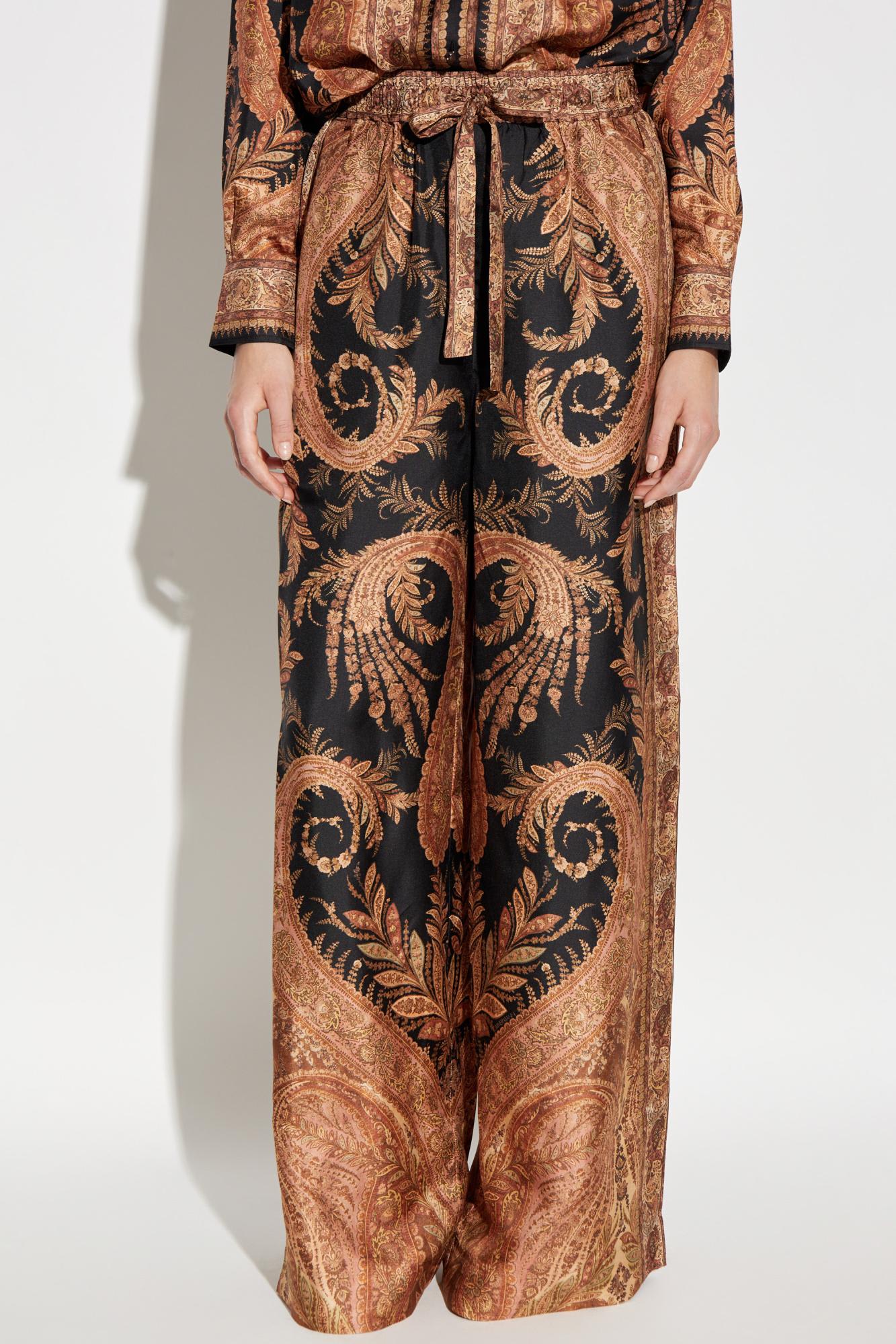 Zimmermann Wide-leg Trousers With Intricate Baroque Print And Adjustable Waistband In Black