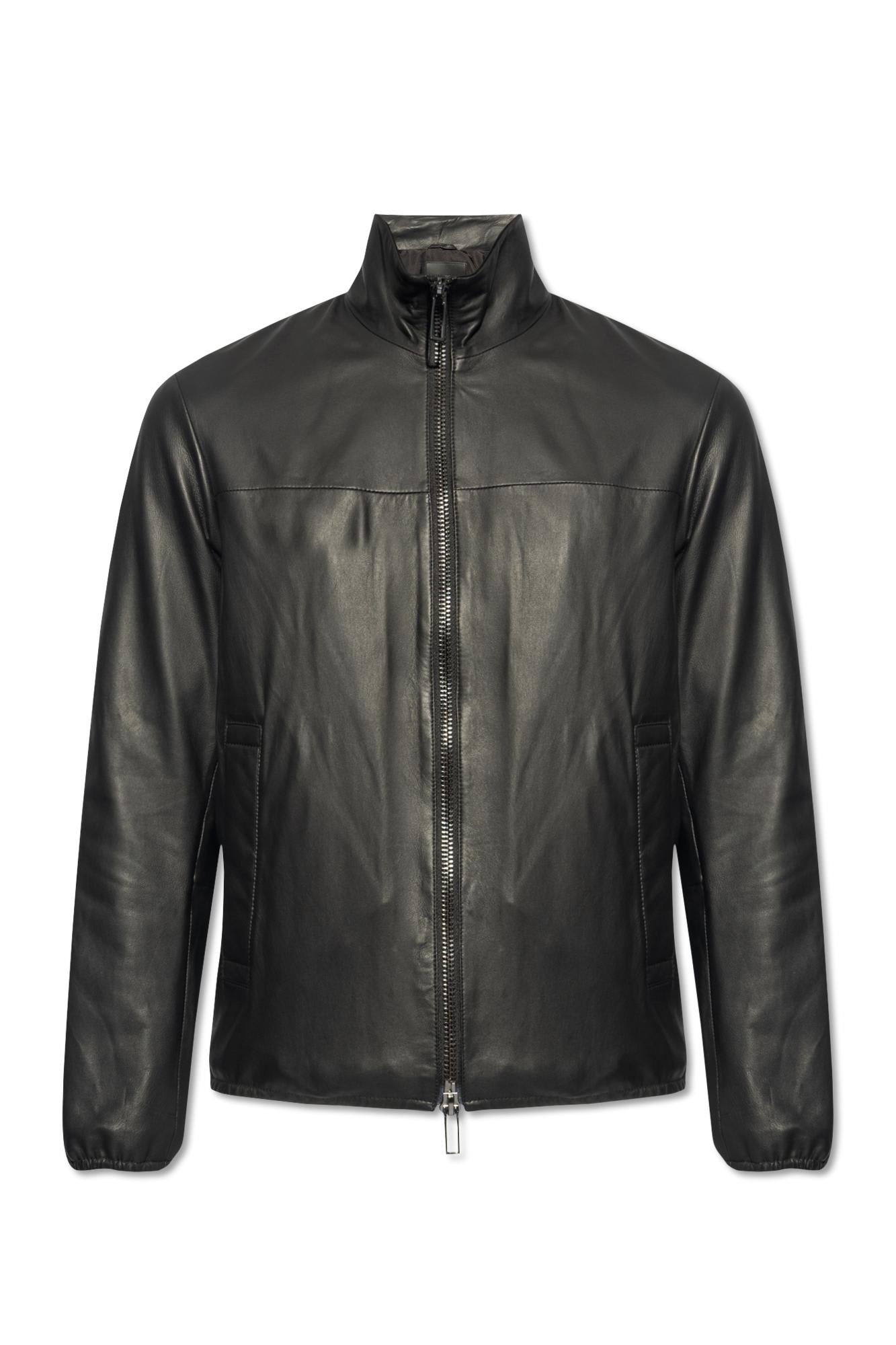 Shop Emporio Armani Leather Jacket With Stand-up Collar In Nero
