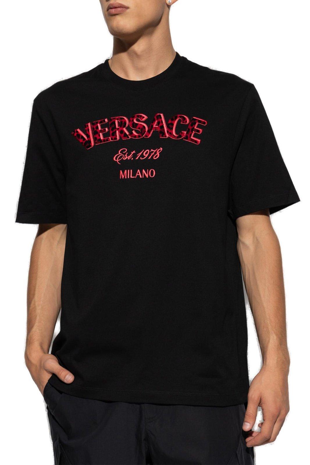 Shop Versace Logo-embroidered Crewneck T-shirt In Black