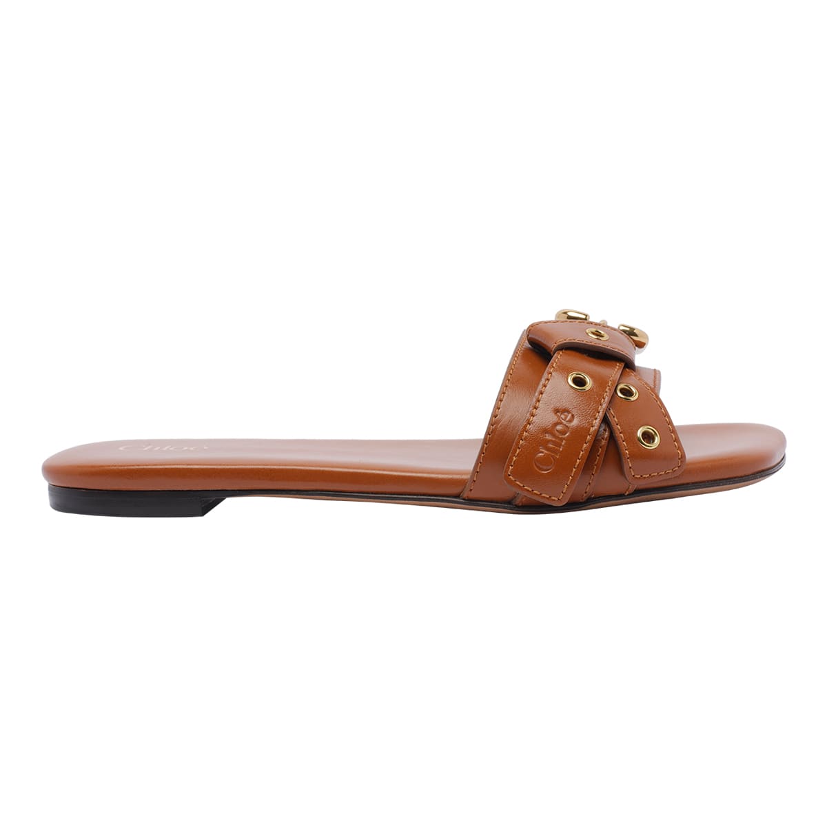 Chloé Mae Leather Buckle Flat Slide Sandals In Brown
