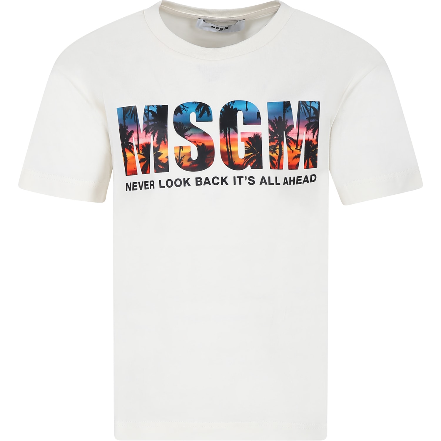Shop Msgm Ivory T-shirt For Boy With Logo Et Palm Tree Print