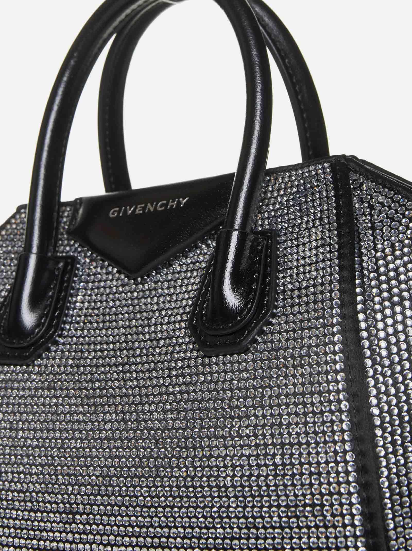 Shop Givenchy Antigona Toy Rhinestoned Satin Bag In Black