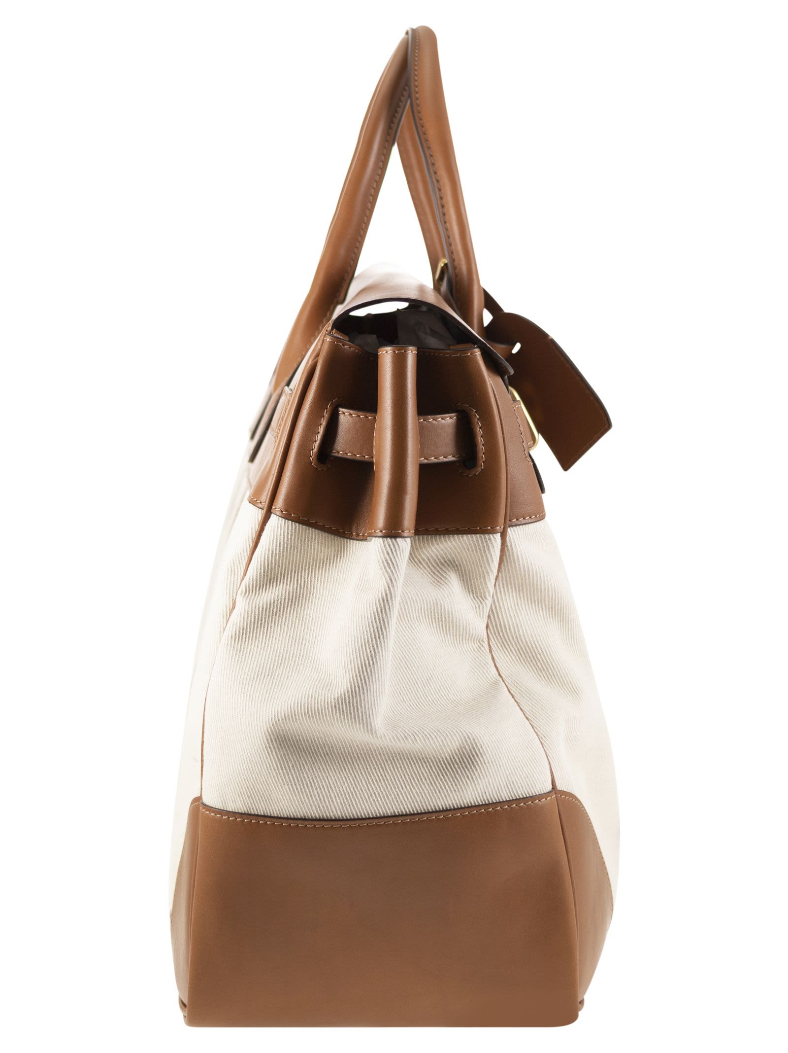 Shop Brunello Cucinelli Country Bag In Leather And Fabric In Milk