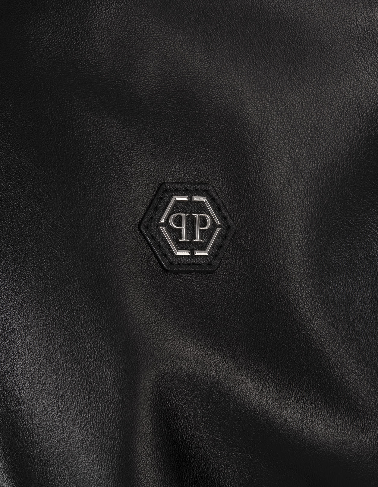 Shop Philipp Plein Black Leather Bomber Jacket With Pp Hexagon