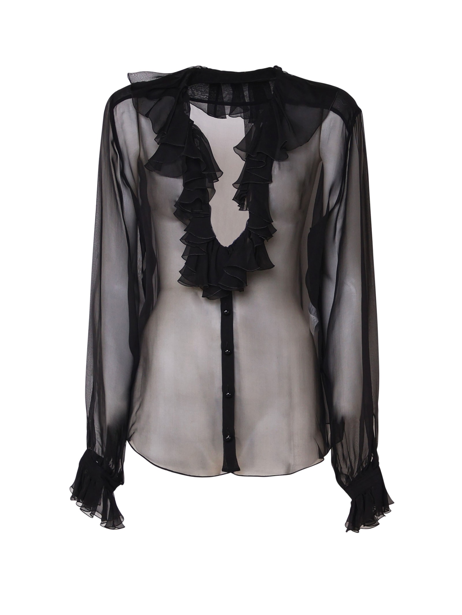 Shop Dolce & Gabbana Transparent Shirt With Neckline And Ruffles In Black