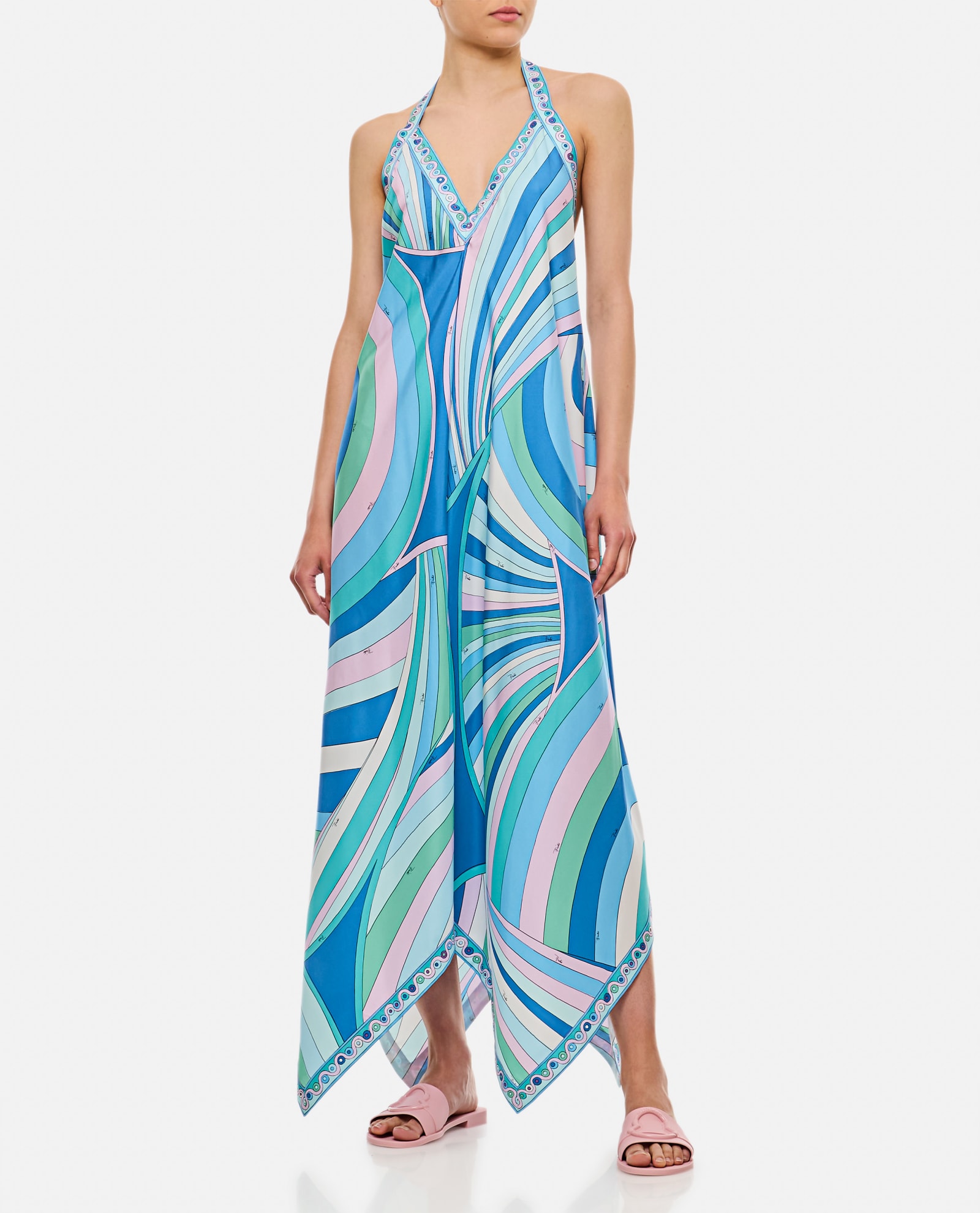 Shop Pucci Silk Twill Long Dress In Clear Blue