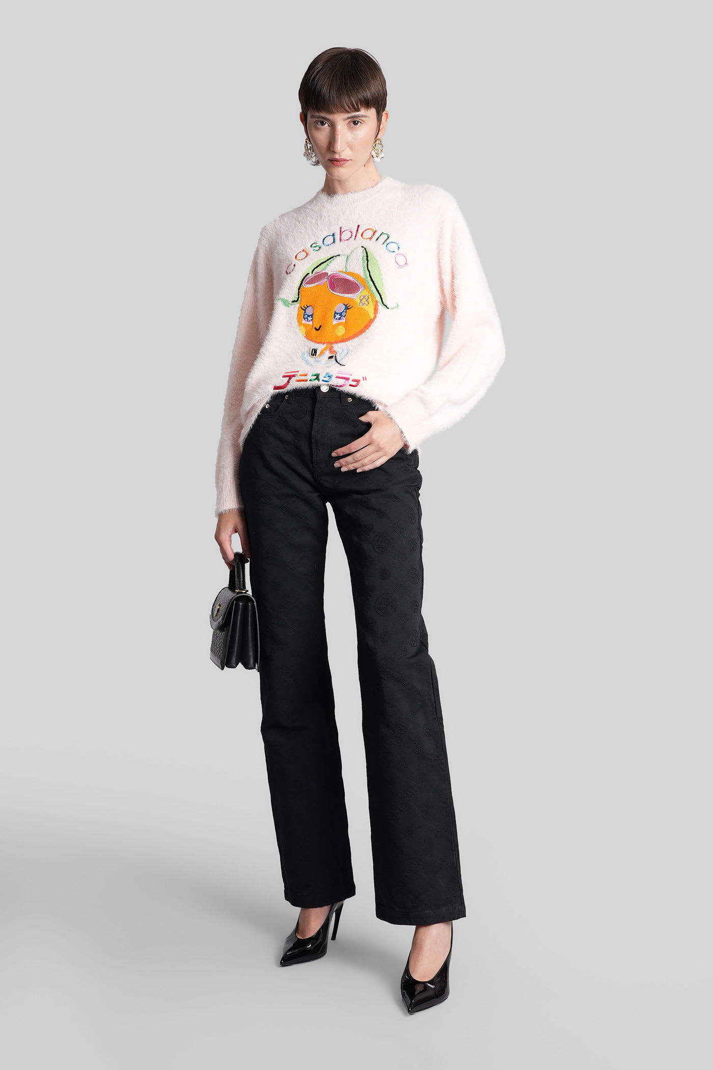 Casablanca Character Intarsia Crew Pullover Merino Kawaii Orange In Pink