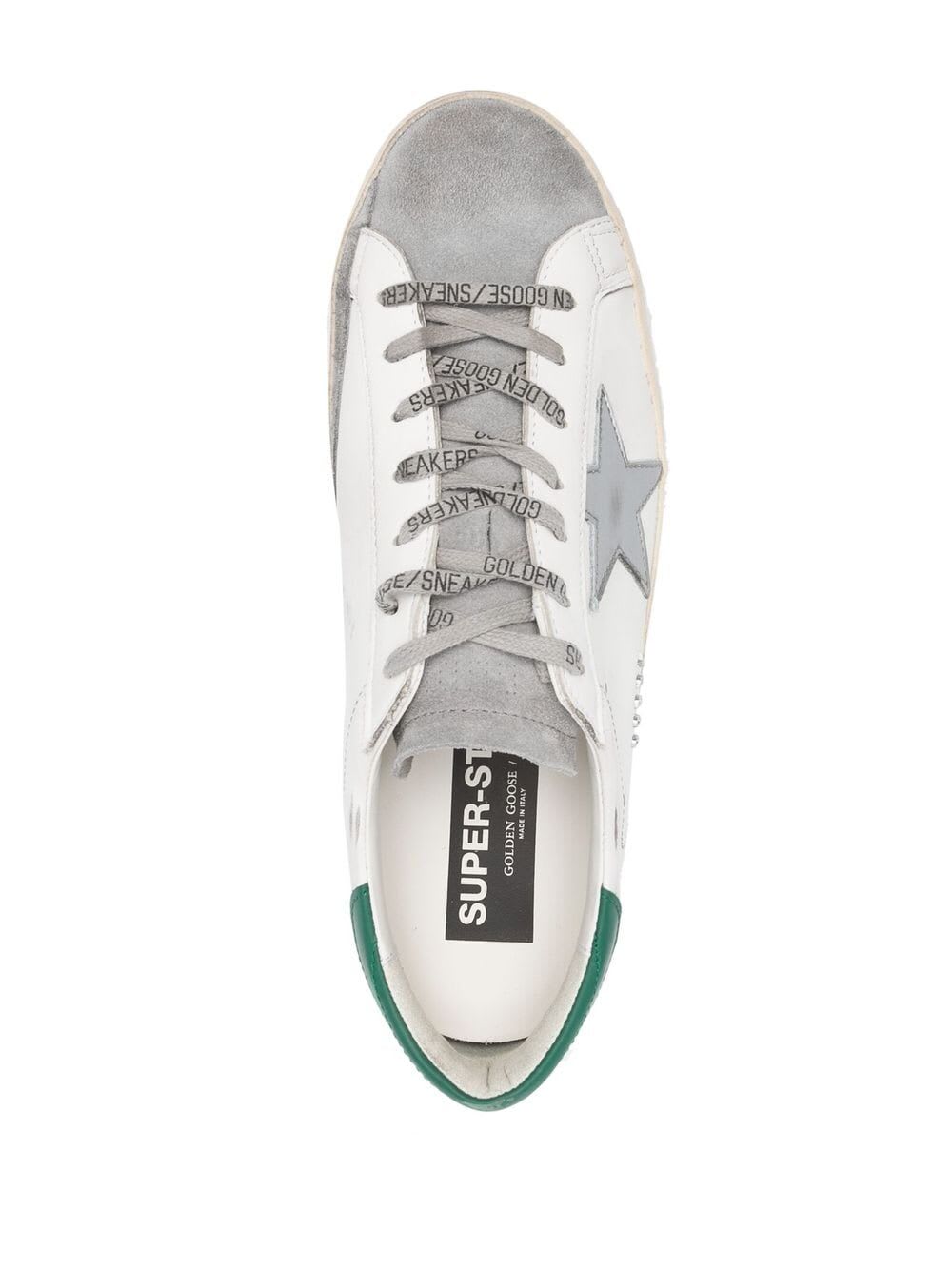 Shop Golden Goose Super-star Leather Upper And Heel Suede Toe And Spur Laminated Star Metal Lettering In White Grey Silver Green