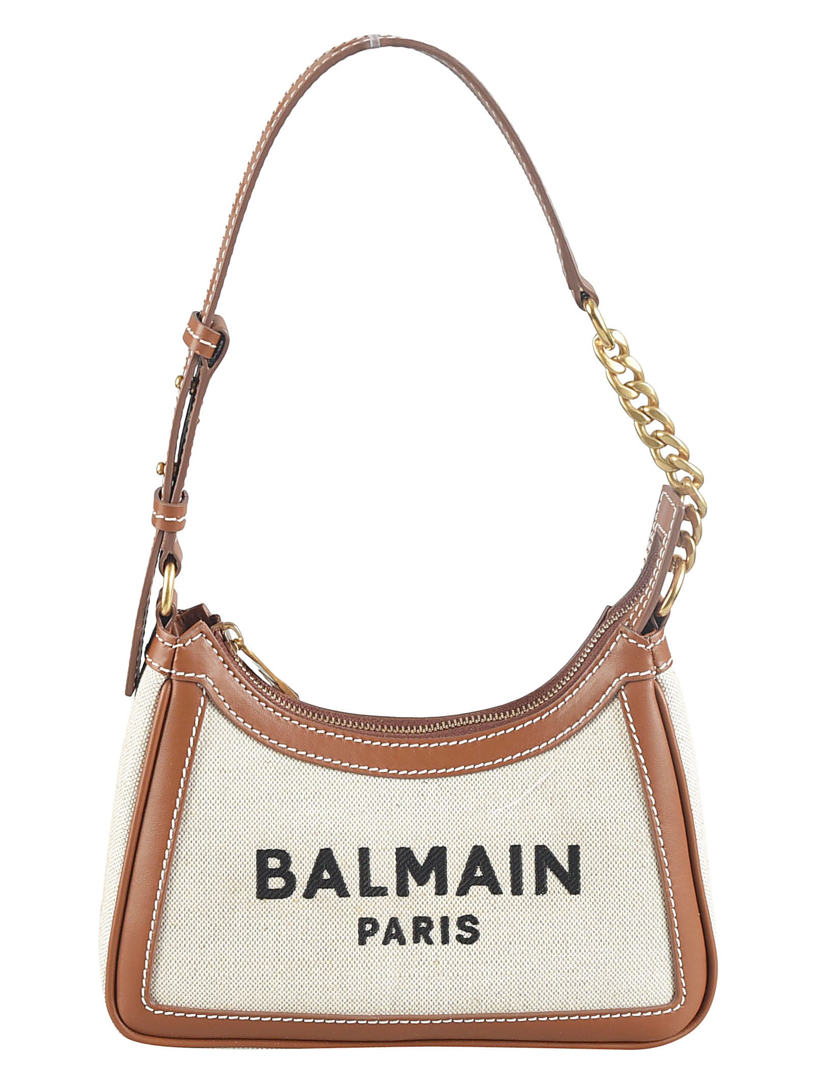 Shop Balmain Top Zip Logo Detail Shoulder Bag In Natural