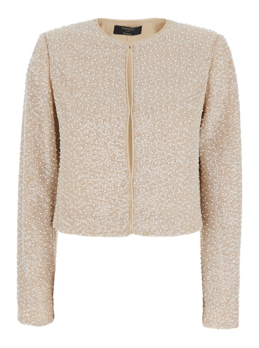 Beige Sequin Jacket With All-over Fau-pearl Embellishments In Tech Fabric Woman