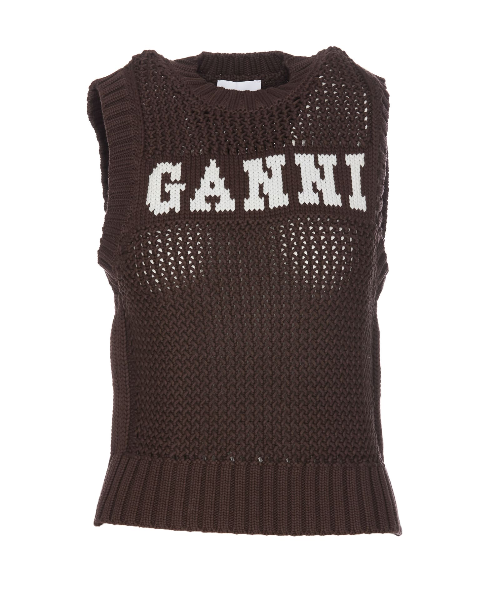 Ganni Logo Knitted Vest In Brown